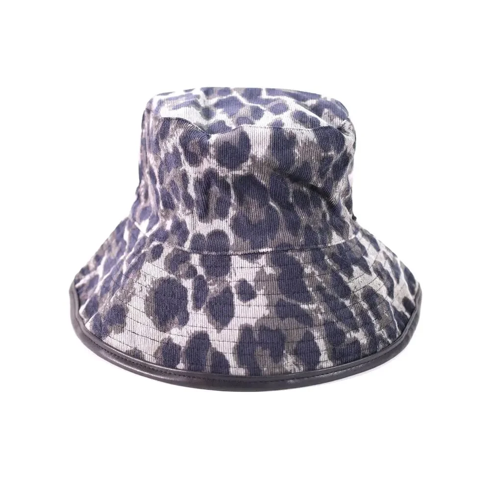 Nine West Animal Print Corduroy Bucket Hat – Black & Grey with Leather Trim–NWT